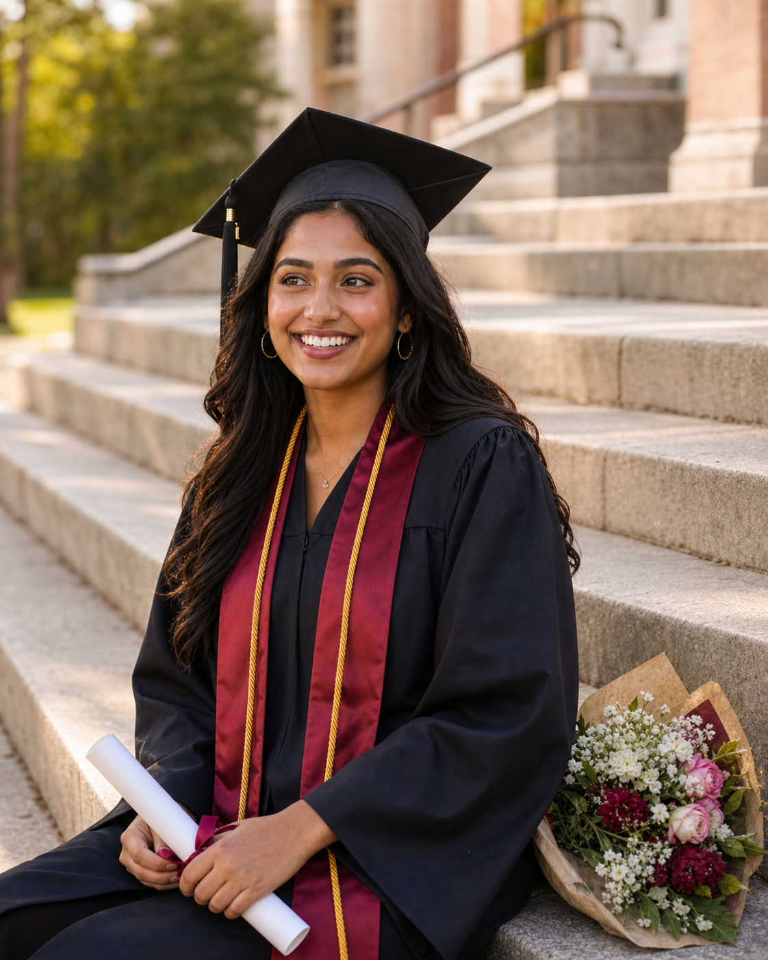 Smiling graduate in black cap and gown holding diploma and flowers on stone steps.