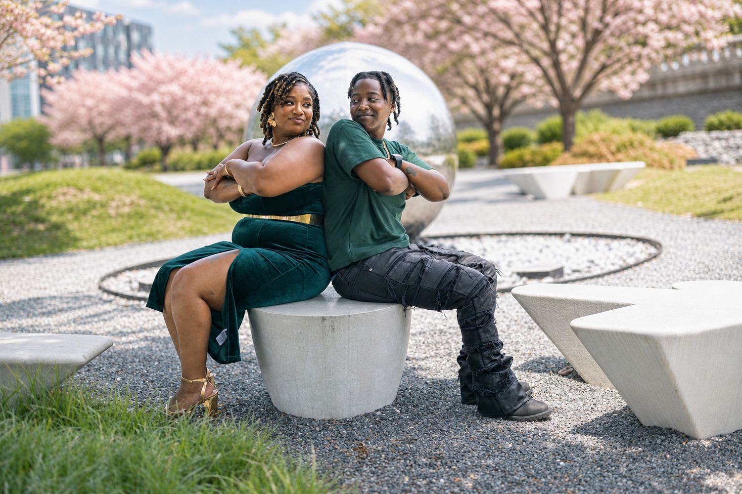 A couple in matching green outfits poses back-to-back on a concrete bench with cherry blossoms and a silver sculpture behind them.