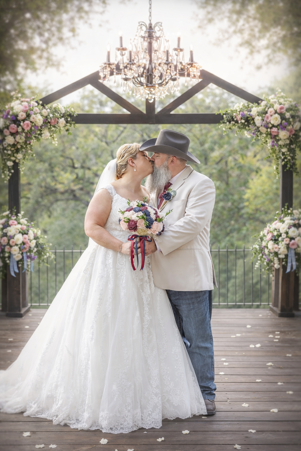 Bride and groom share a kiss under a chandelier on a decorated outdoor deck with floral arrangements.