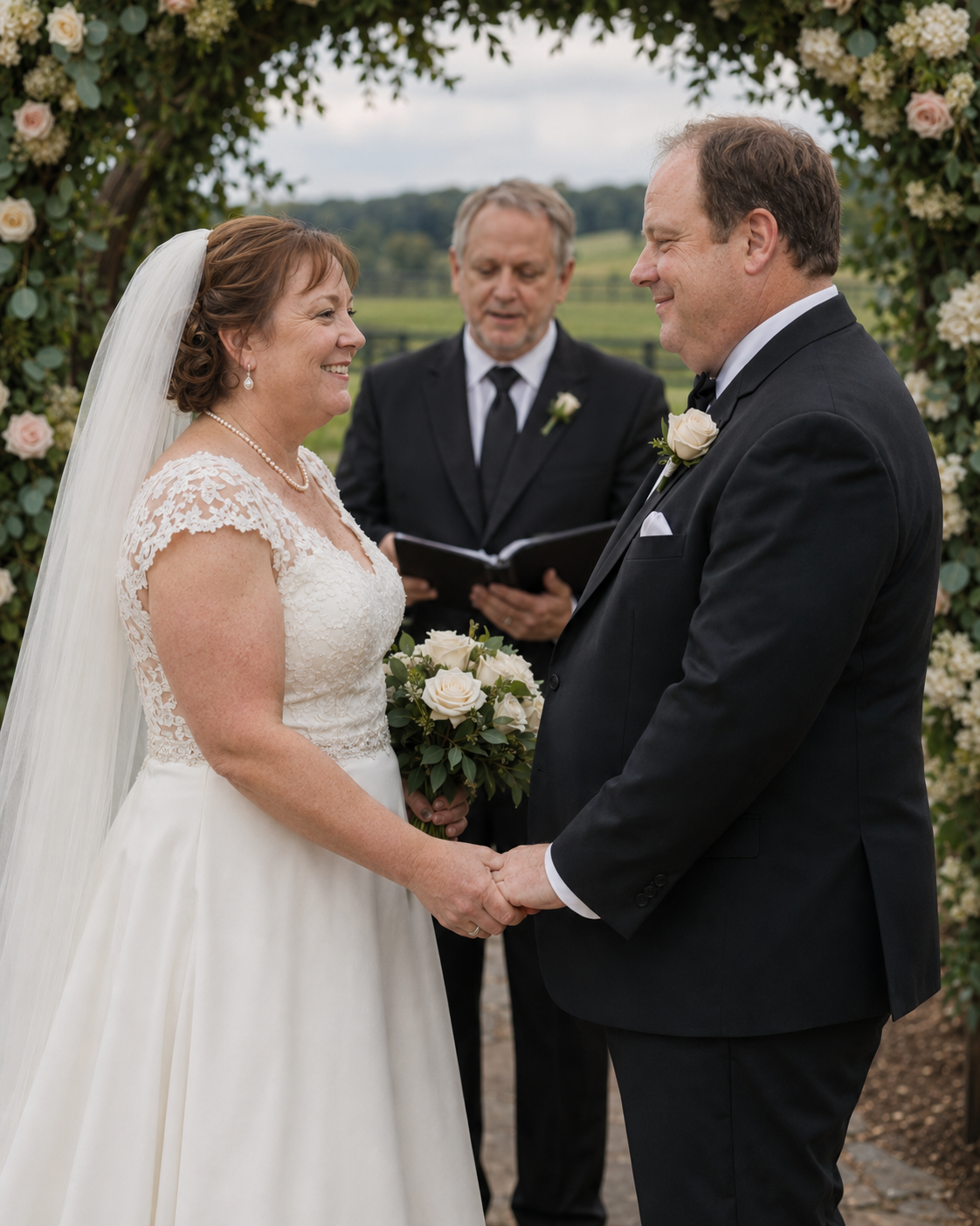 Bride and groom exchange vows holding hands under floral arch with officiant reading behind them.