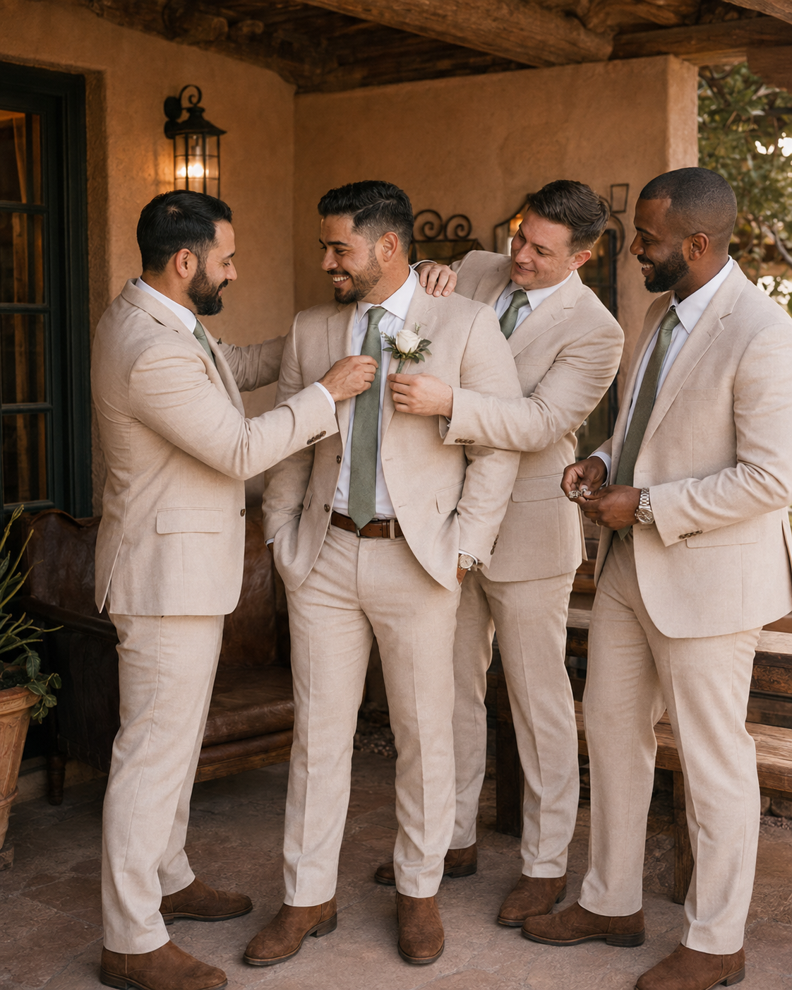 Four groomsmen in matching tan suits with green ties and boutonnieres laughing together outside a rustic venue.