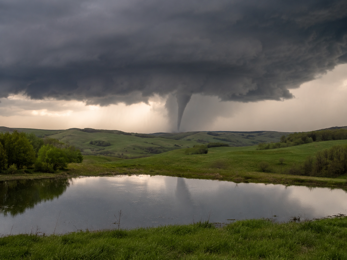 A dramatic tornado touches down over lush green hills, reflected in a calm pond under dark storm clouds.