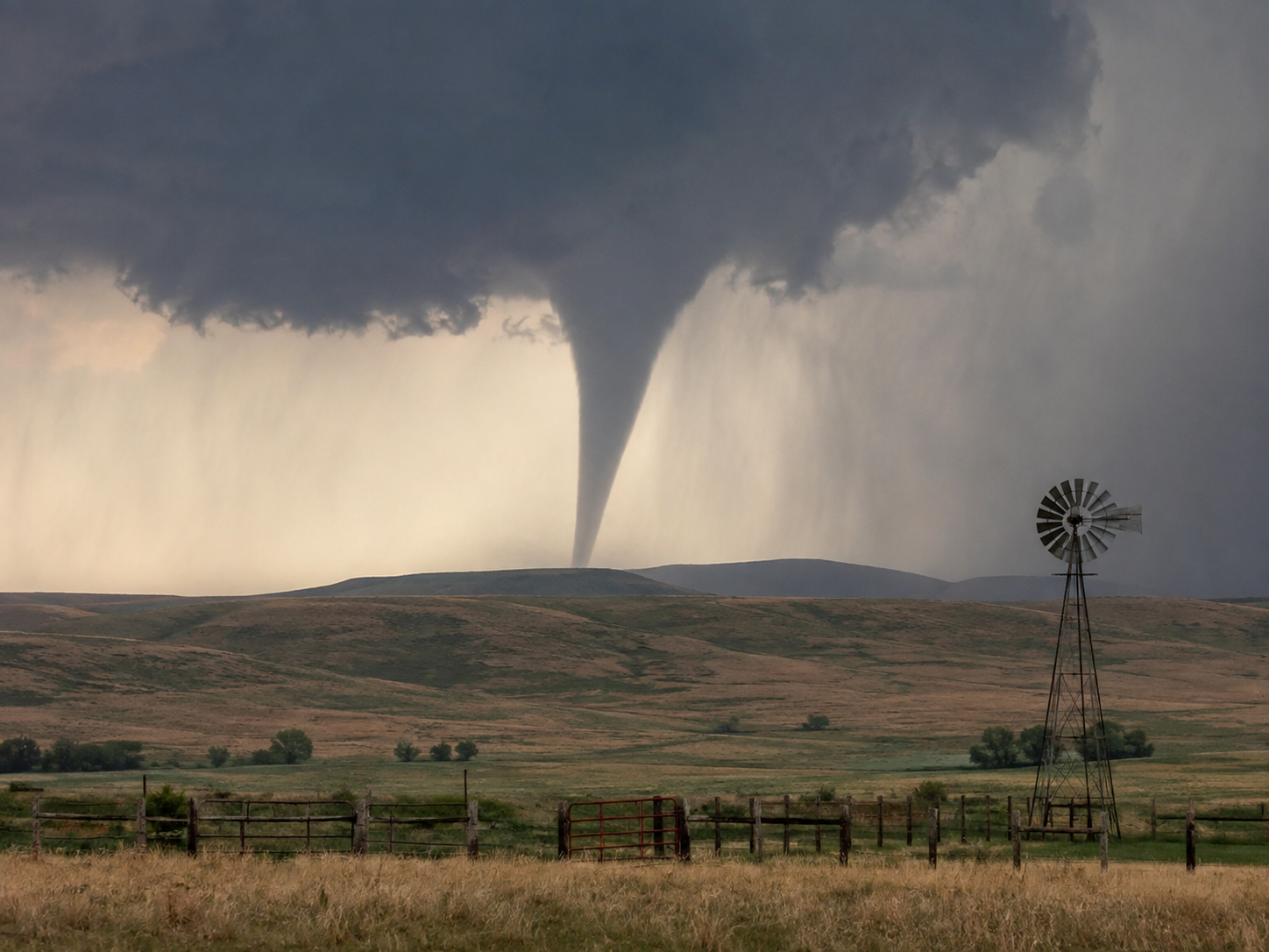 A massive tornado touches down on open plains near a vintage windmill and fence under a dramatic stormy sky.