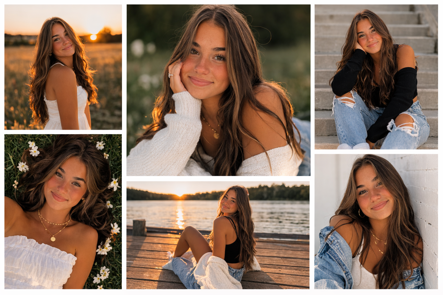 A collection of lifestyle photos showing summer moments with sunlight and casual outdoor settings.