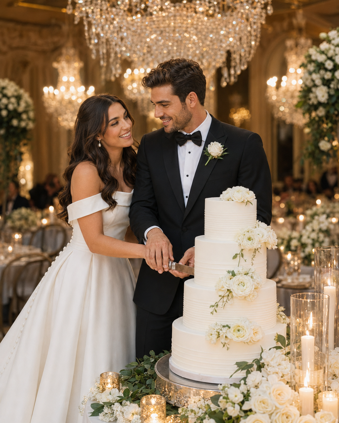 Elegant couple cutting a white tiered wedding cake in a grand ballroom with chandeliers and floral decor.