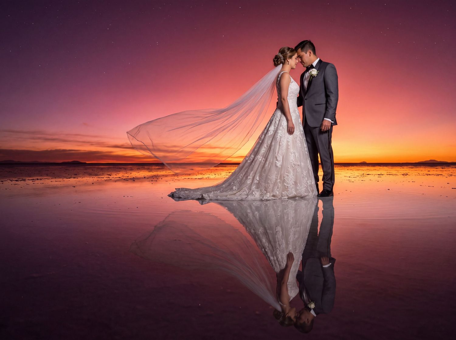 Bride and groom kissing at sunset on reflective water, wedding veil flowing in vibrant pink and purple sky.