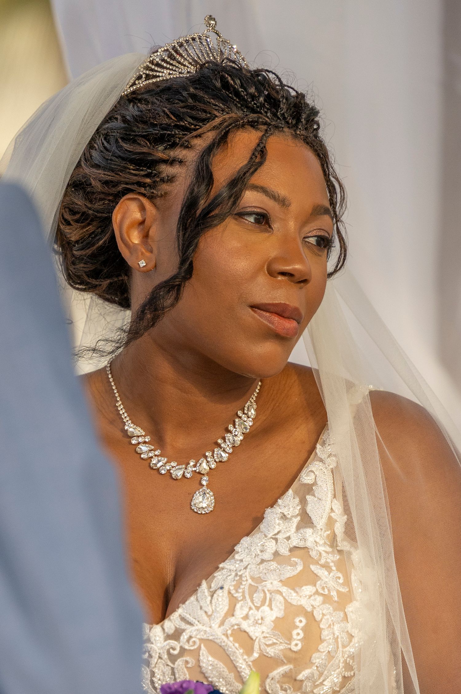 Beautiful bride wearing an elegant lace wedding dress, crystal necklace, tiara and veil in warm natural light.