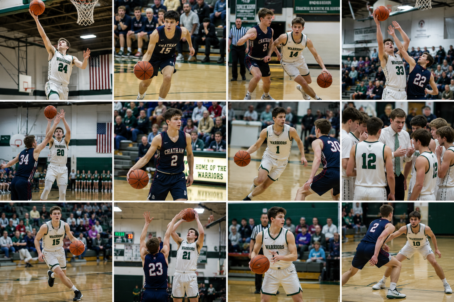 High school basketball players in green and white uniforms compete in multiple action shots during an indoor varsity basketball game.