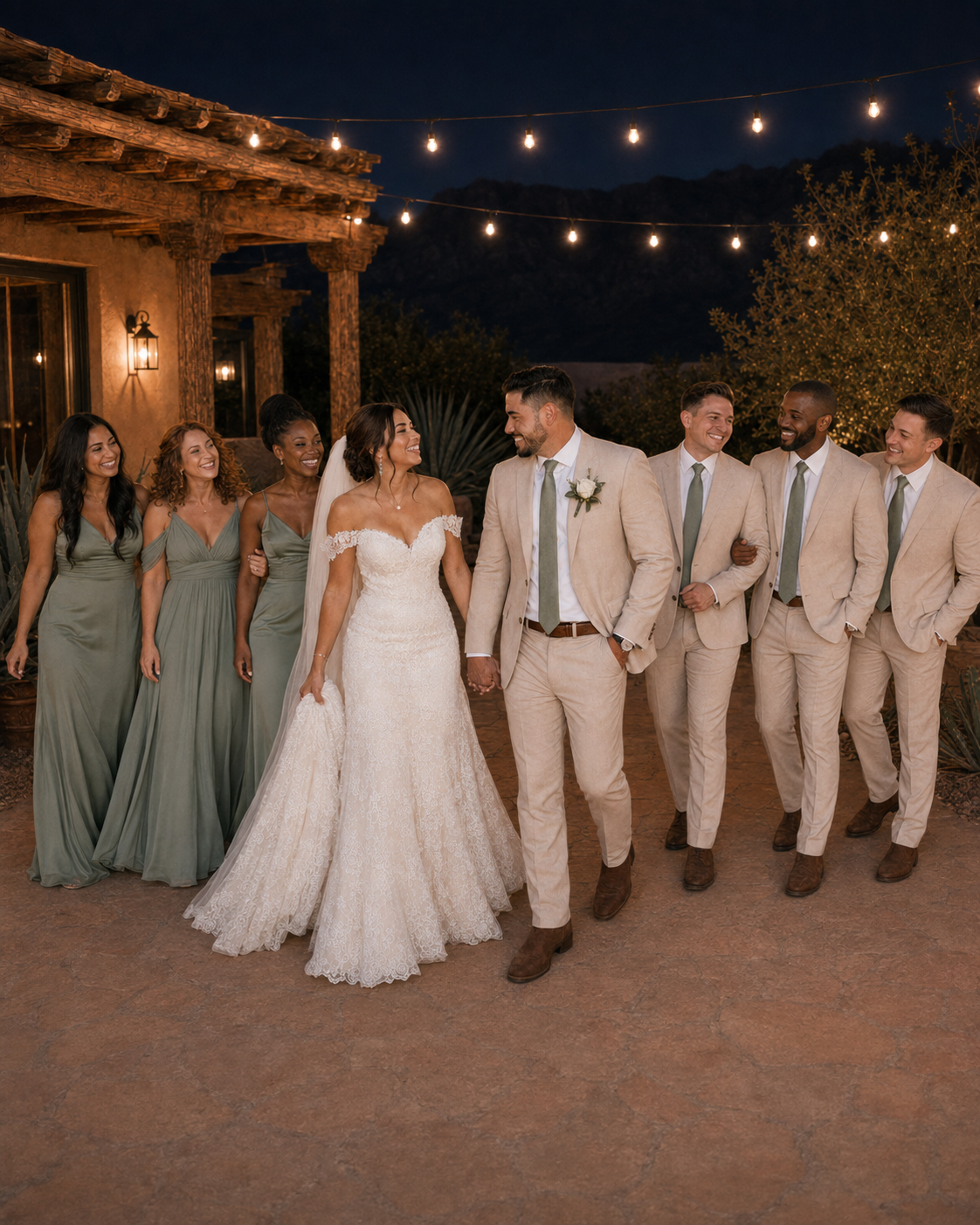 Wedding party poses outdoors at night, bride in lace gown with groomsmen in tan suits and bridesmaids in sage green dresses.