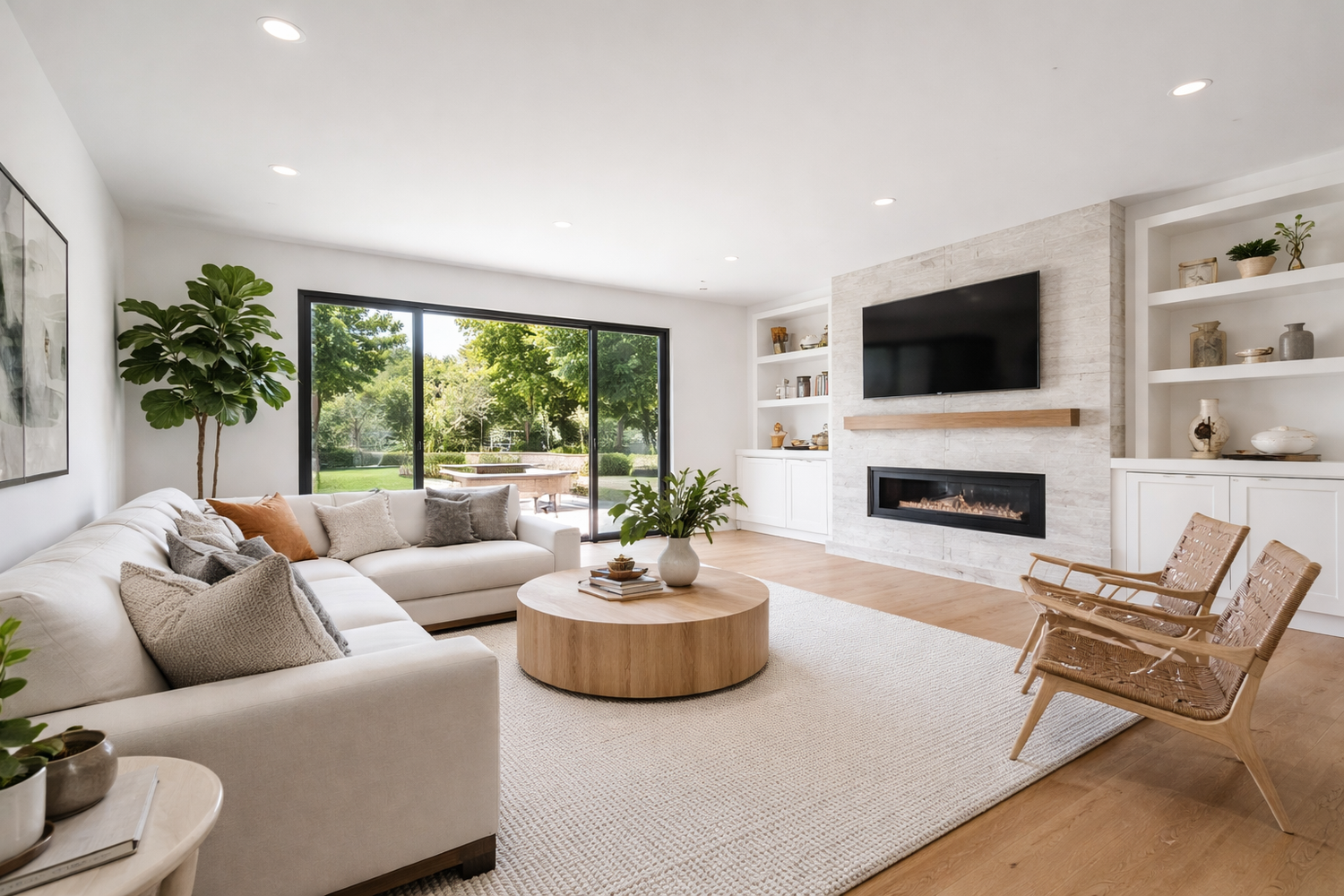 Modern bright living room with beige sectional sofa, round wood coffee table, built-in fireplace and large window views.