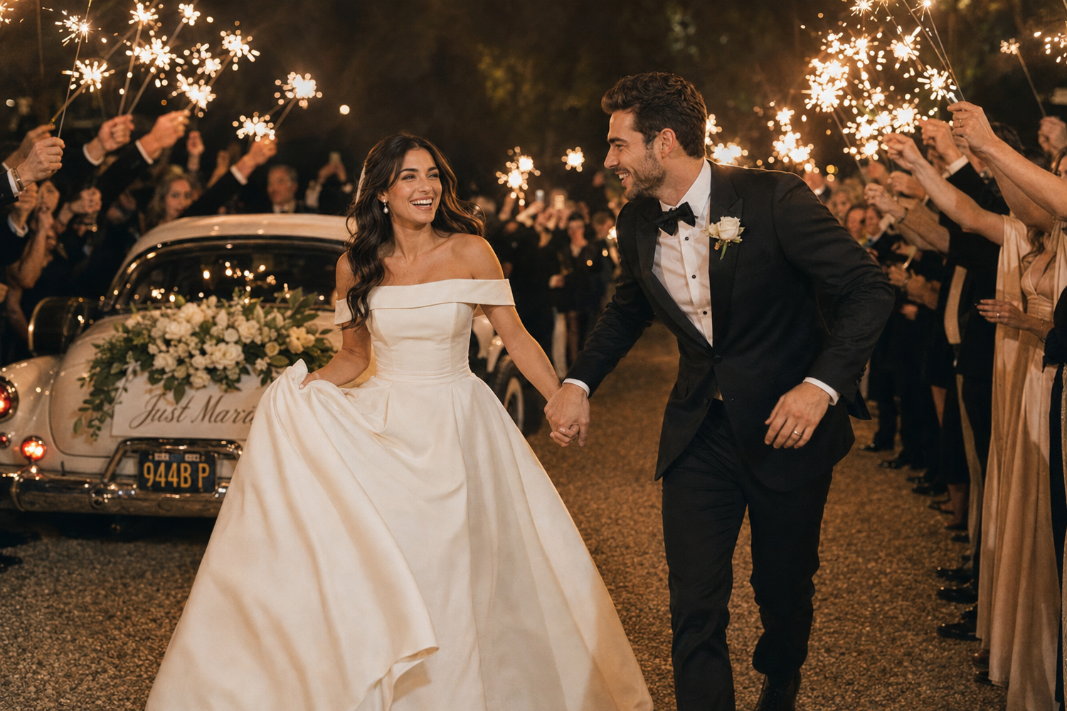 Bride and groom walk through sparkler exit holding hands beside a vintage Just Married car at night.