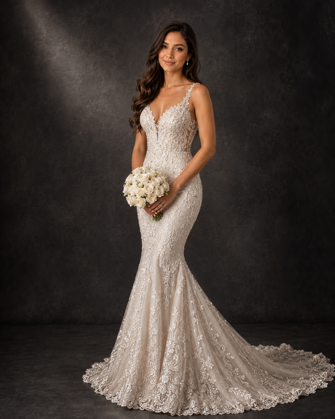 Elegant mermaid wedding gown with lace detailing, V-neckline, spaghetti straps, and chapel train on brunette bride.