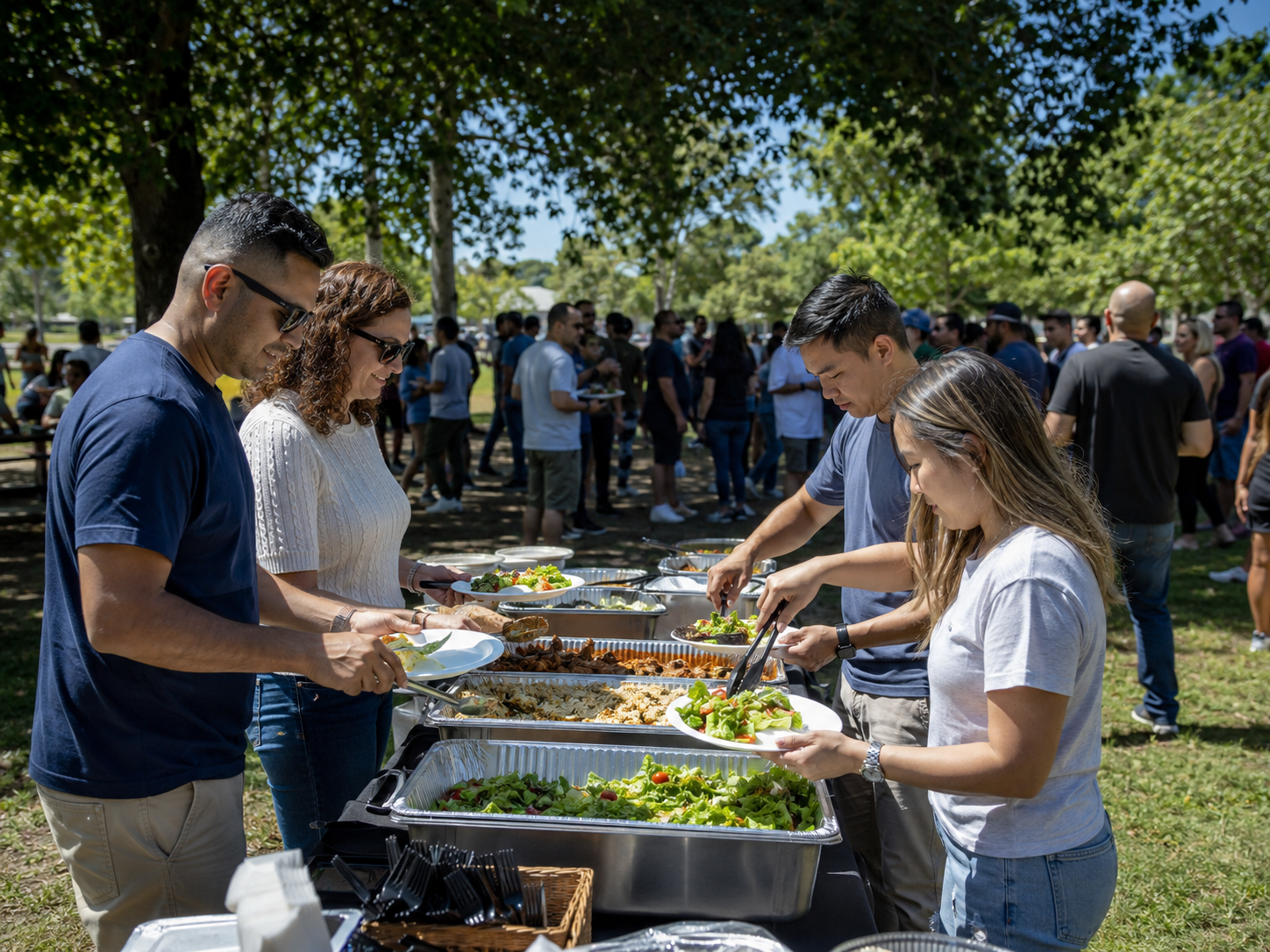 People serving themselves food at an outdoor buffet during a sunny company picnic event in a park.