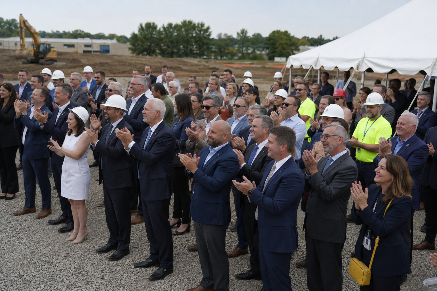 Crowd of professionals in suits and hard hats applauding at an outdoor groundbreaking ceremony with construction site in background.