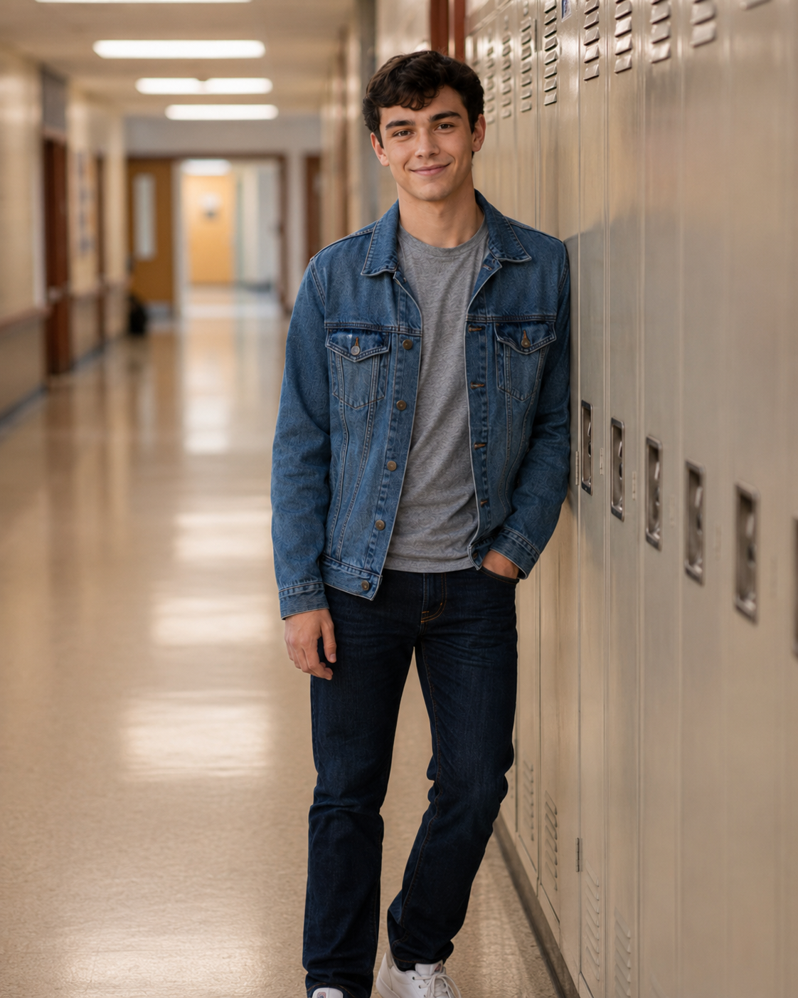 Smiling teen boy in denim jacket leaning against school lockers in hallway.