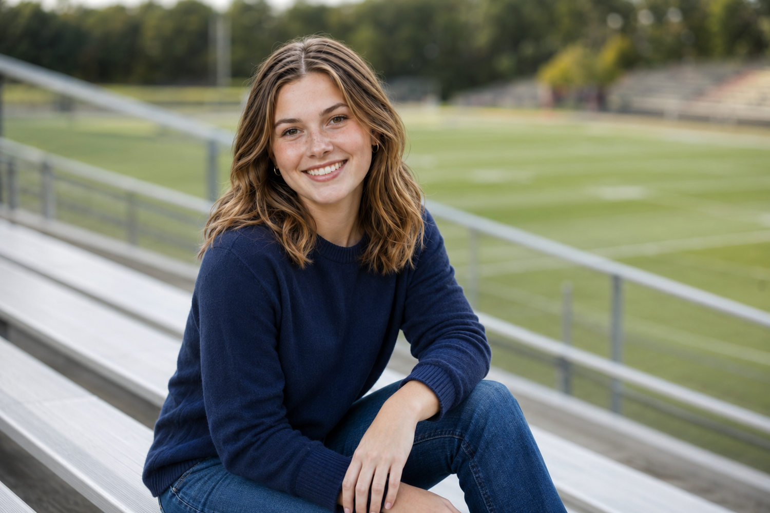 Smiling young woman in navy sweater sitting on bleachers near a sports field.