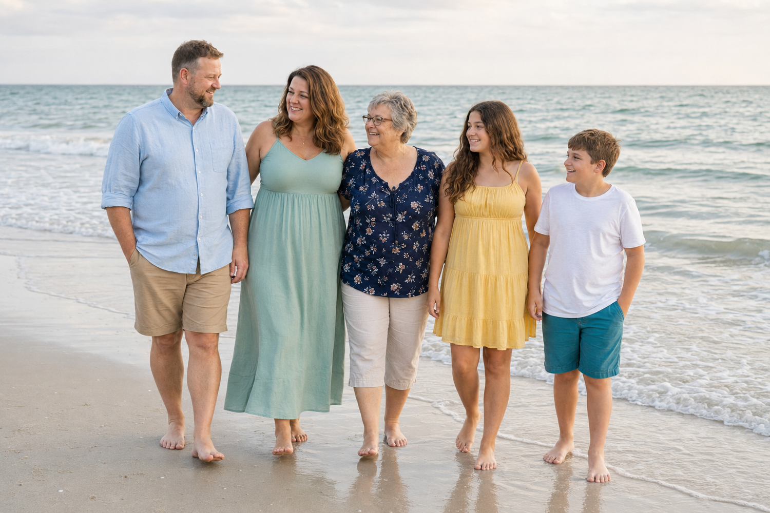 Family of five walking barefoot on a sandy beach at sunset, smiling and holding hands near ocean waves.
