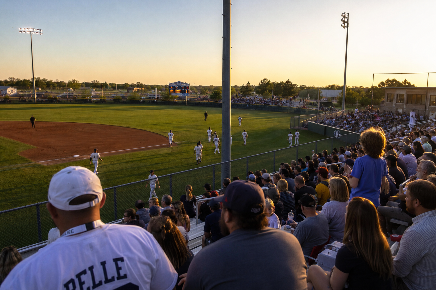 Crowd watches a baseball game at sunset in a packed outdoor stadium with bright field lights.