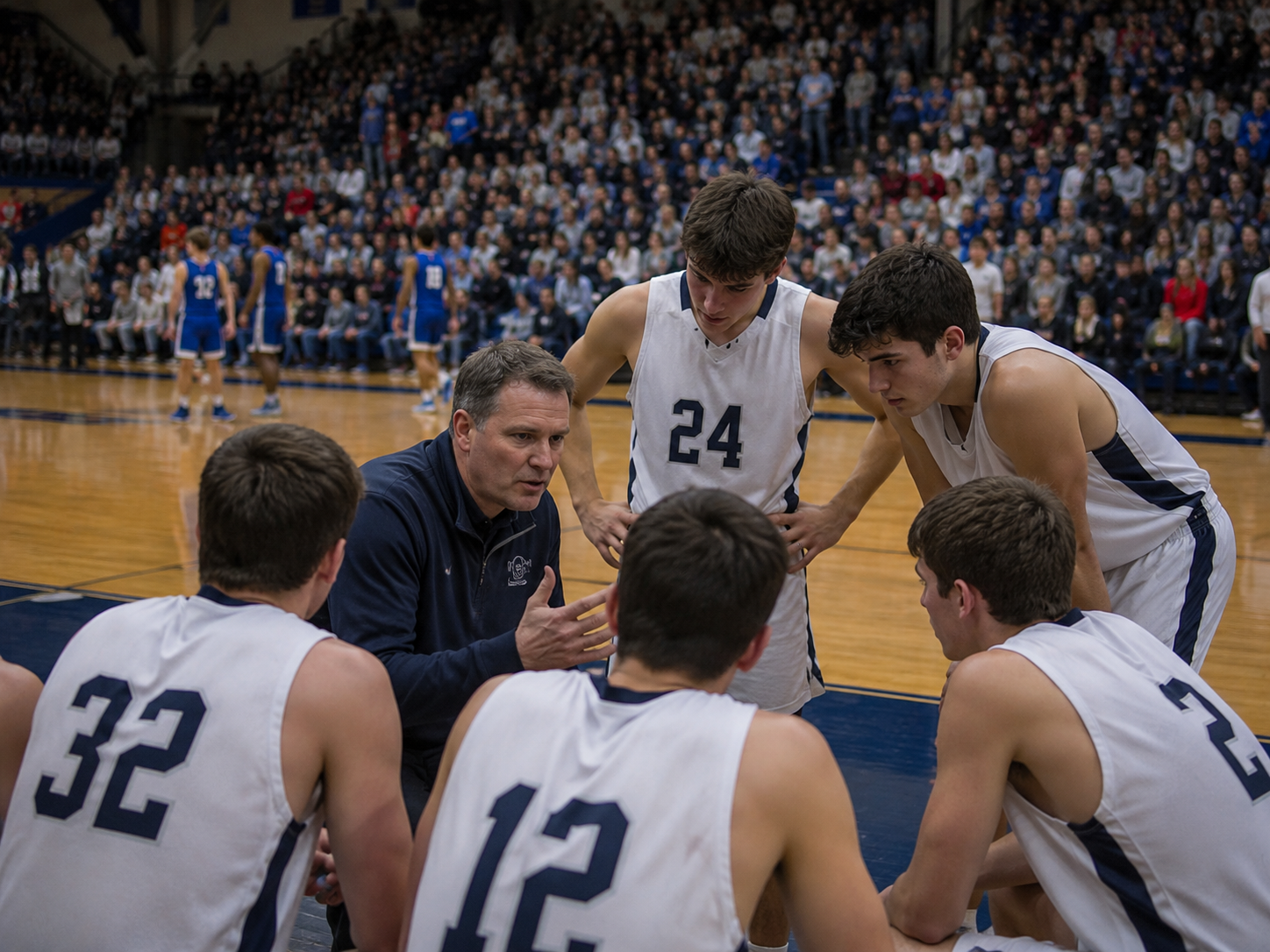 Basketball coach huddles with players in white uniforms during a timeout in a packed gymnasium.