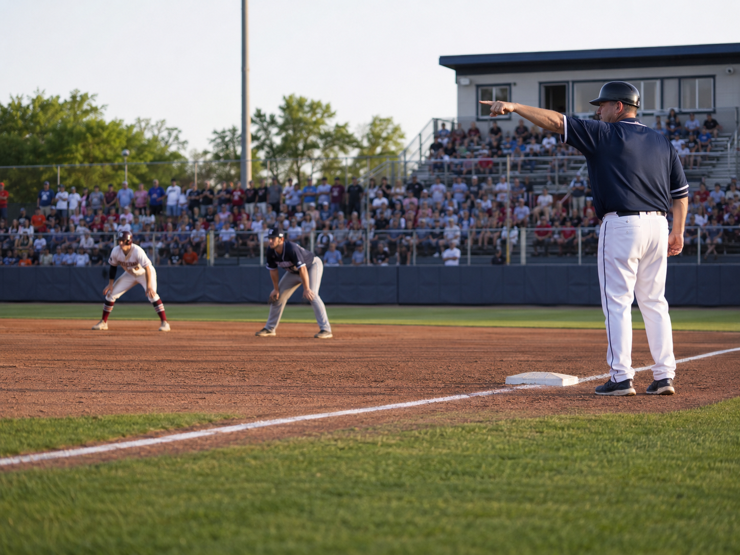 Baseball coach signals to players during a game with runners on base at a packed outdoor stadium.