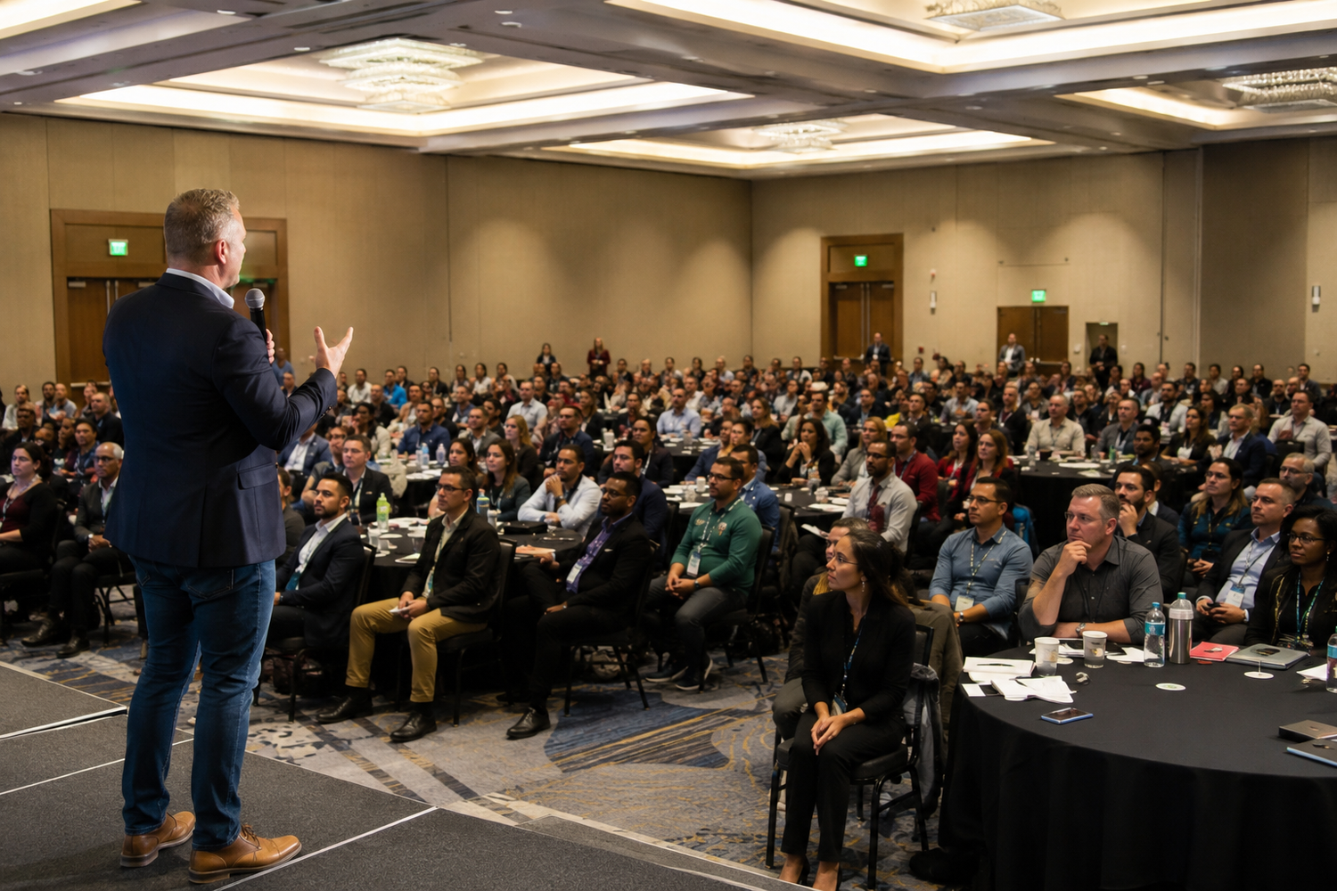 Professional speaker addresses large seated audience at indoor corporate conference event.