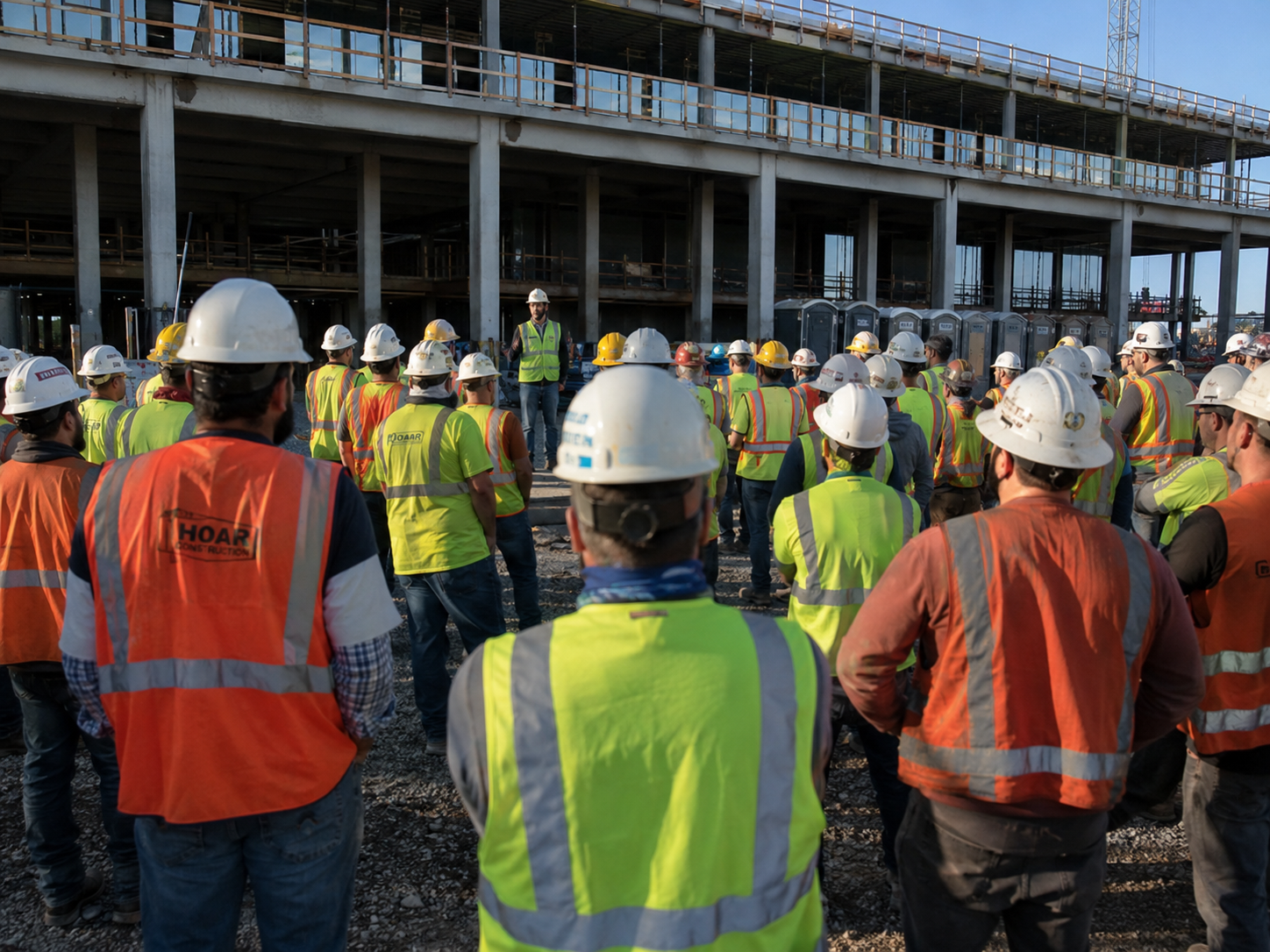 Large group of construction workers in safety vests and hard hats gathered at an active building site for a safety briefing.