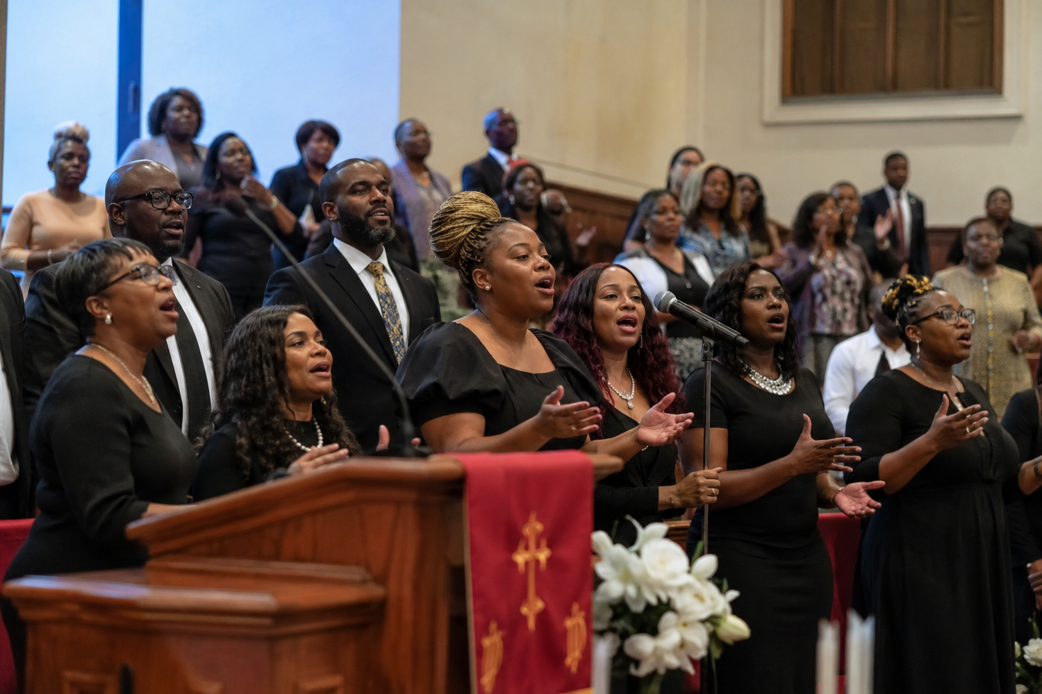 A gospel choir dressed in black performing in a church, singing passionately during a religious service.