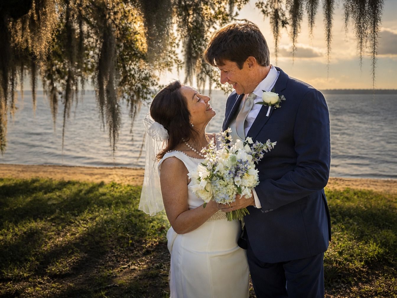 Bride and groom share a romantic moment by the waterfront at sunset, with Spanish moss and golden light.