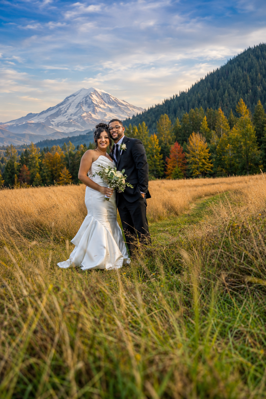 Couple poses in autumn meadow with Mount Rainier backdrop on their wedding day, bride in white gown, groom in black suit.