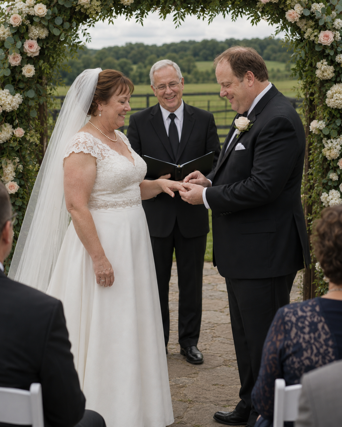 Couple exchanges rings before smiling officiant under elegant floral arch at outdoor farm wedding.