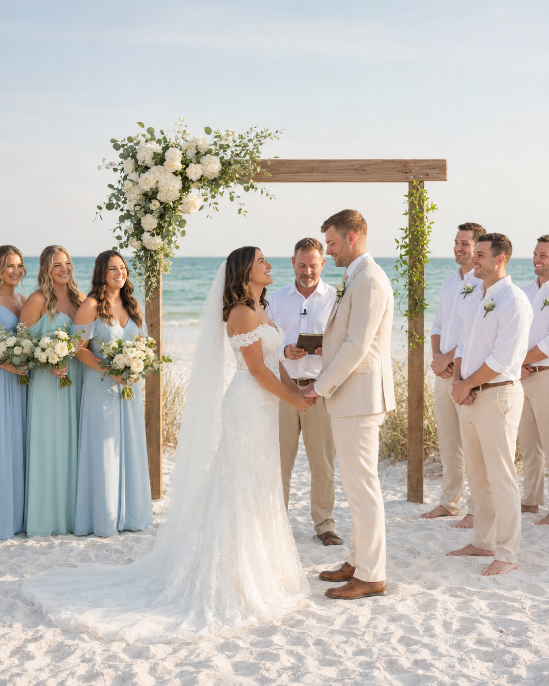 Beach wedding ceremony with couple at wooden arch adorned with white flowers, bridesmaids in blue, groomsmen in tan on white sand.