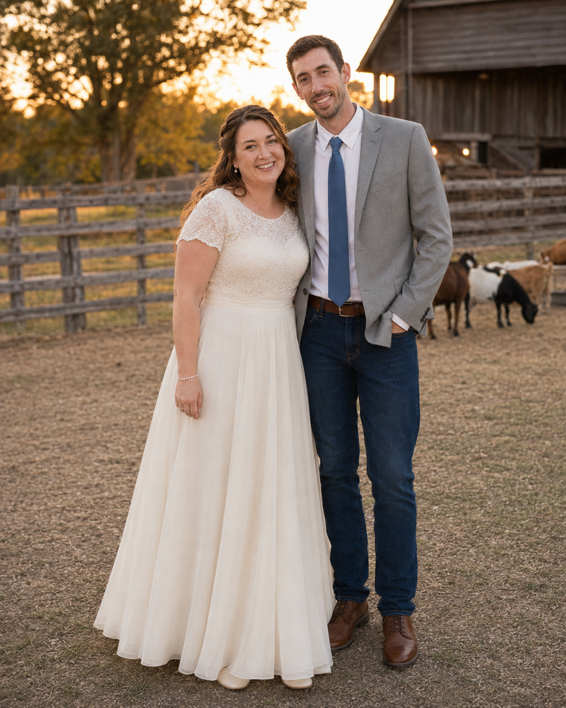 Smiling wedding couple poses at sunset on a farm with goats and a wooden fence in the background.