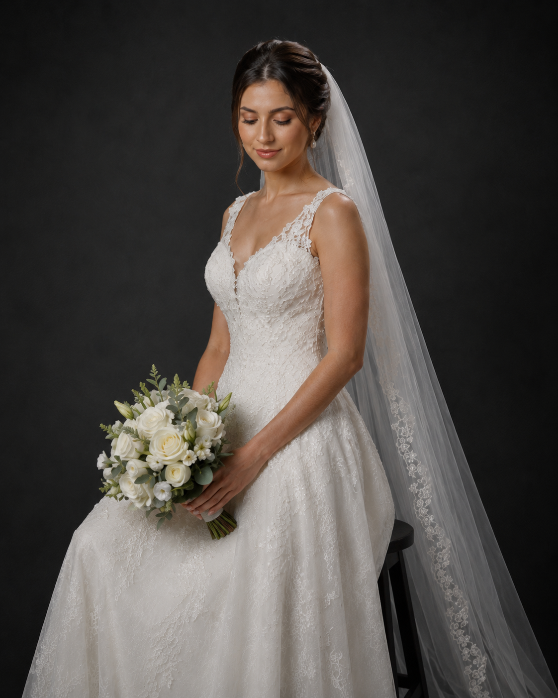 Bride in lace A-line wedding gown with veil holds white rose bouquet, posing elegantly against dark background.
