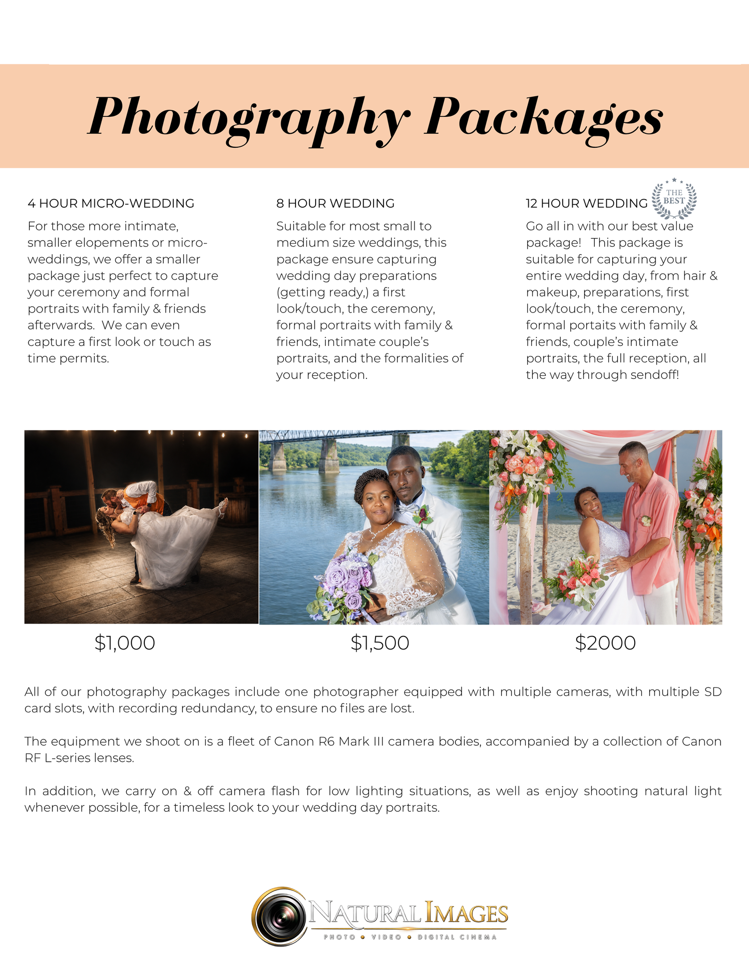 A wedding photography packages brochure showing couples in formal portraits with pricing tiers from $1000 to $2000.