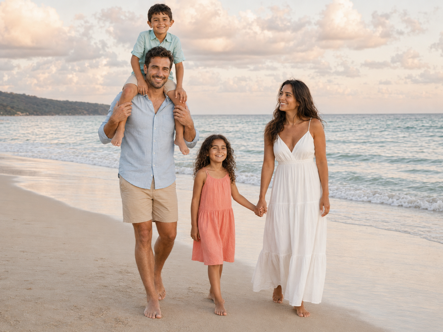 Happy family of four walking on a sunny beach, parents holding hands with young children, ocean waves in background.