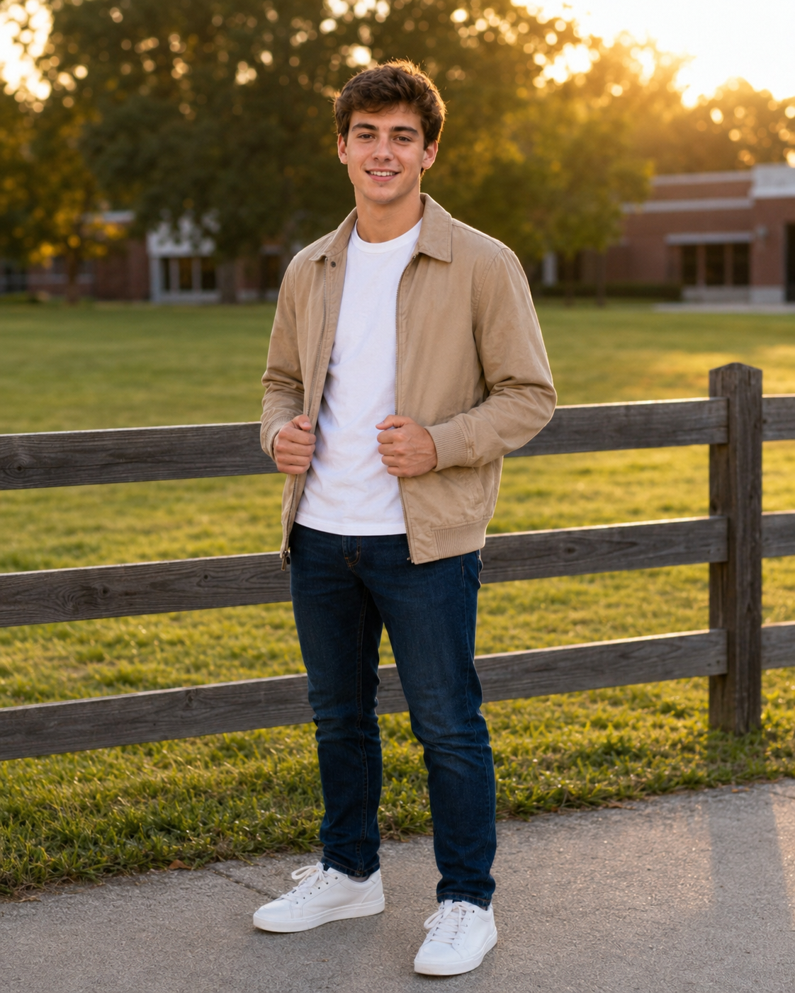 Young man in tan jacket and jeans standing by a wooden fence at golden hour, smiling casually.
