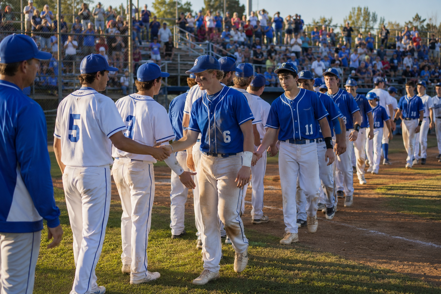 Blue and white uniformed baseball players shake hands with opponents after a competitive game.