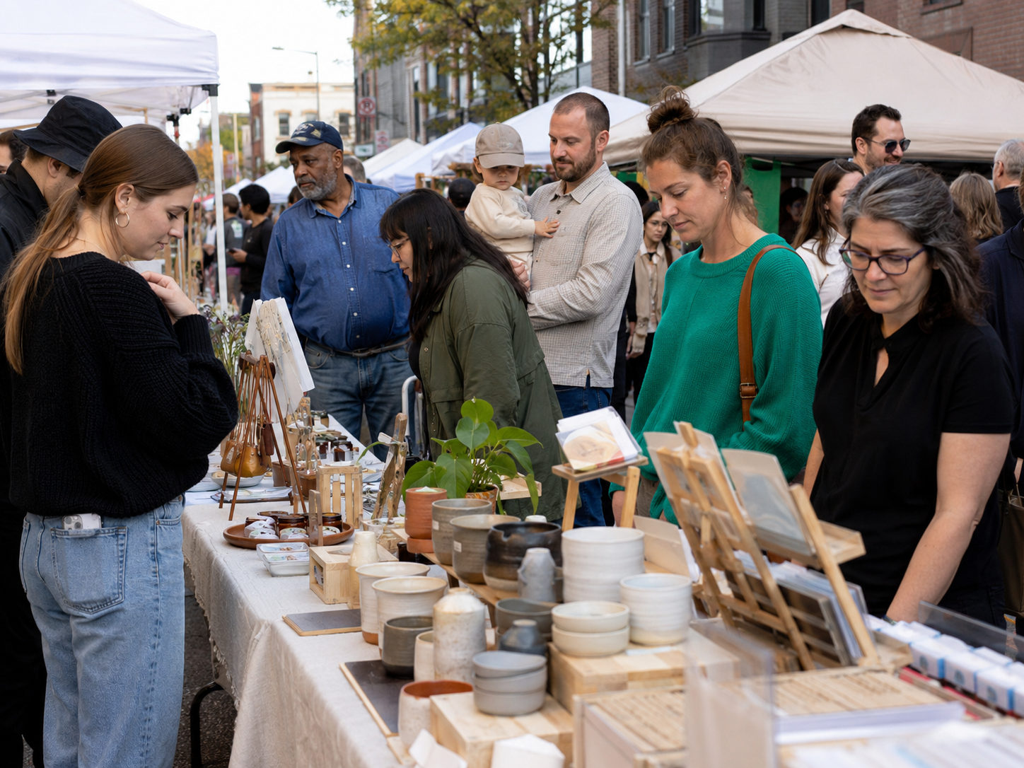 Shoppers browsing handmade ceramics and crafts at an outdoor artisan market on a city street.
