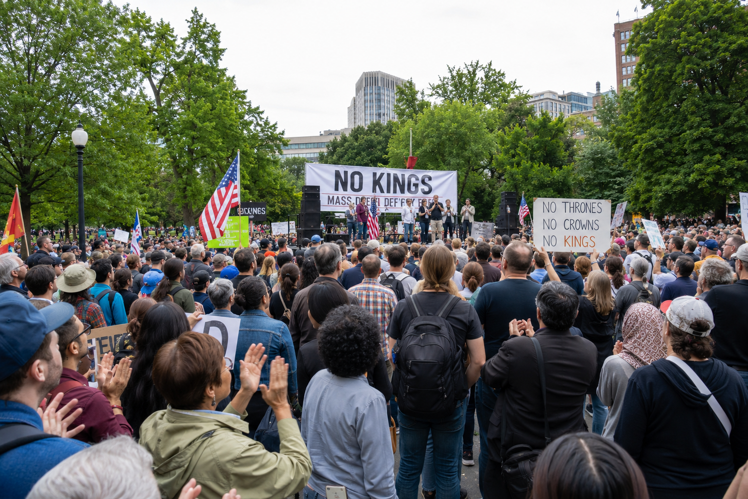 Large crowd at a No Kings protest rally with speakers on stage, American flags, and signs visible in an outdoor setting.