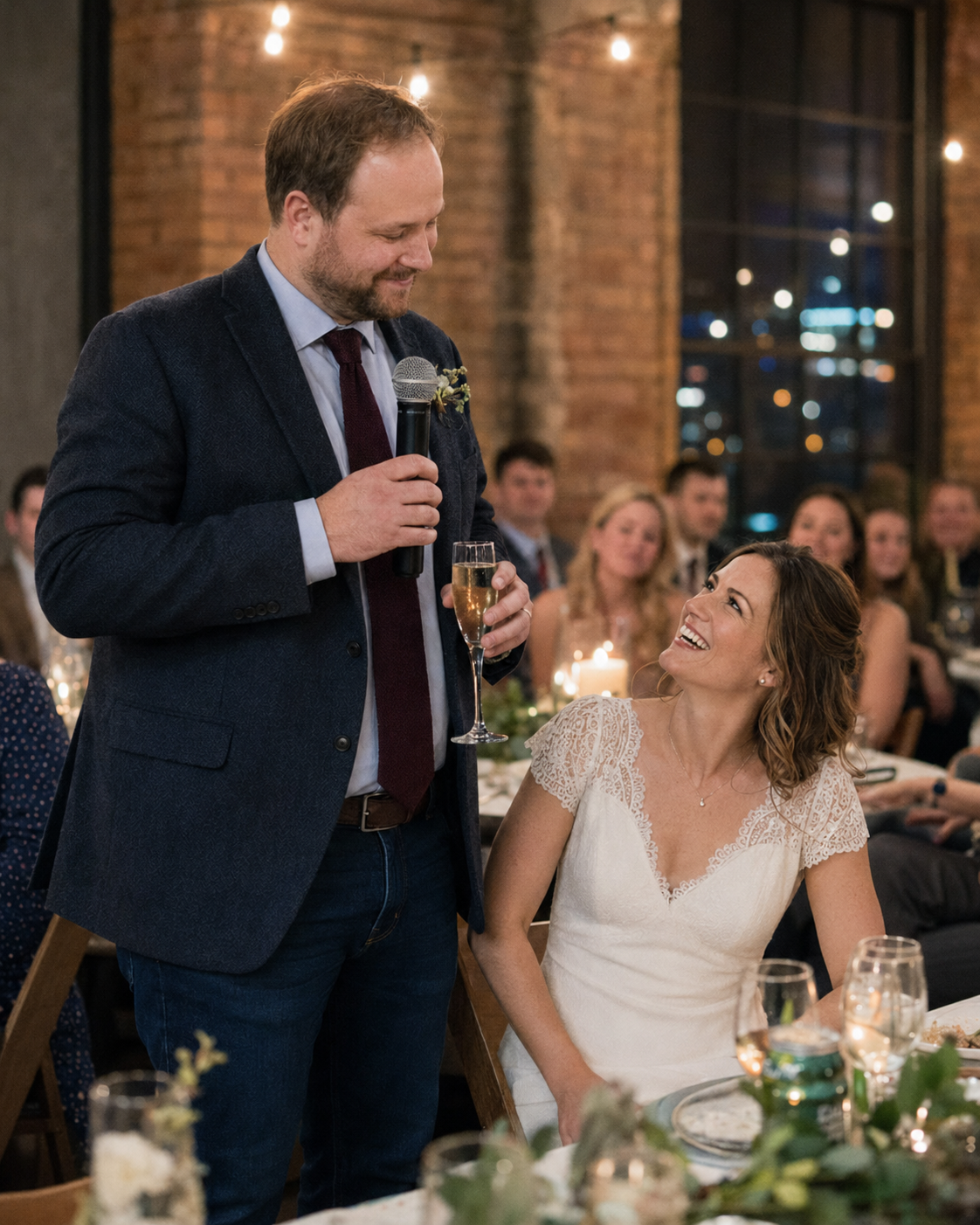 Groom giving a toast while bride laughs joyfully at wedding reception with candles and guests in background.