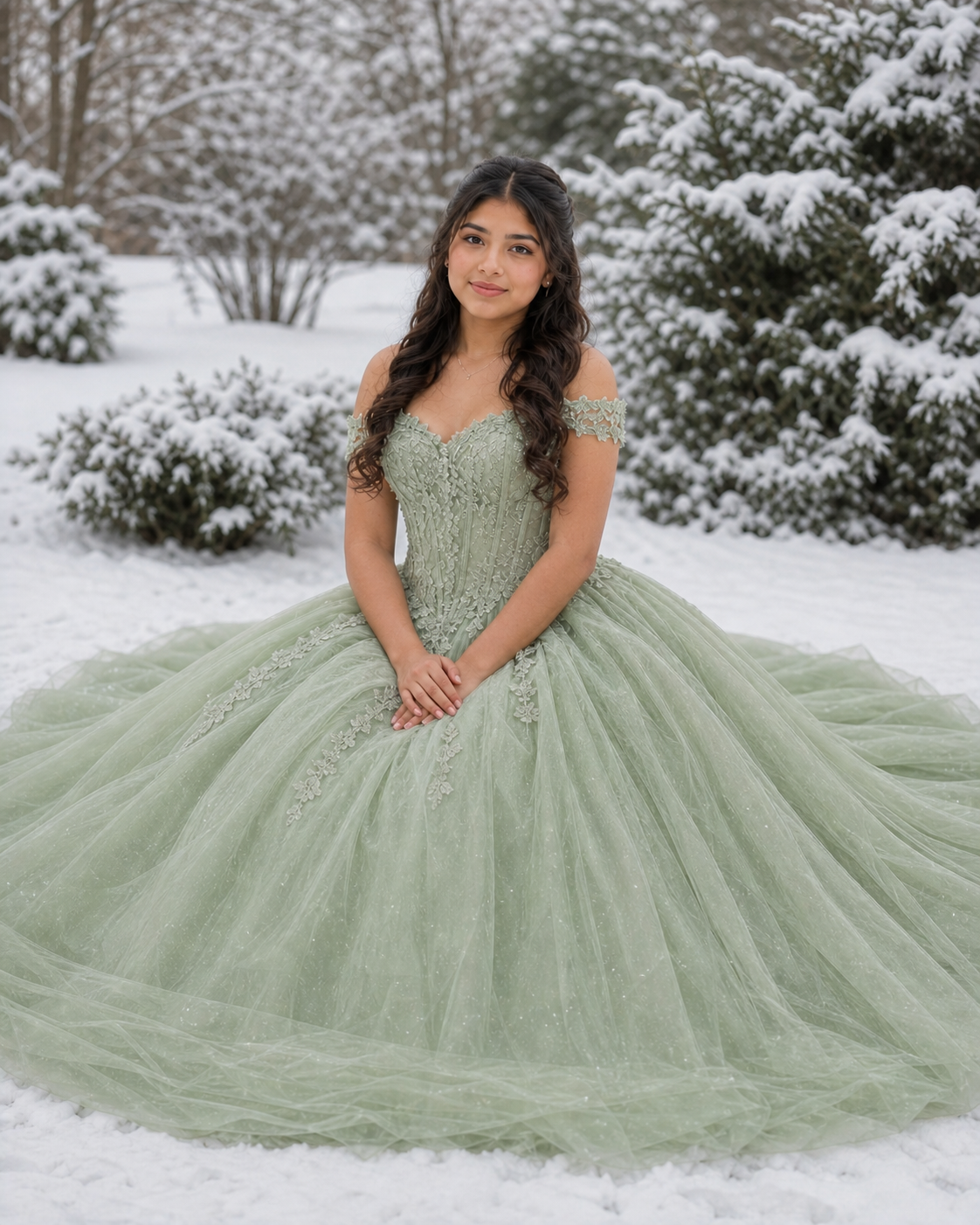 Young woman in sage green ball gown quinceañera dress poses gracefully in snowy winter garden setting.
