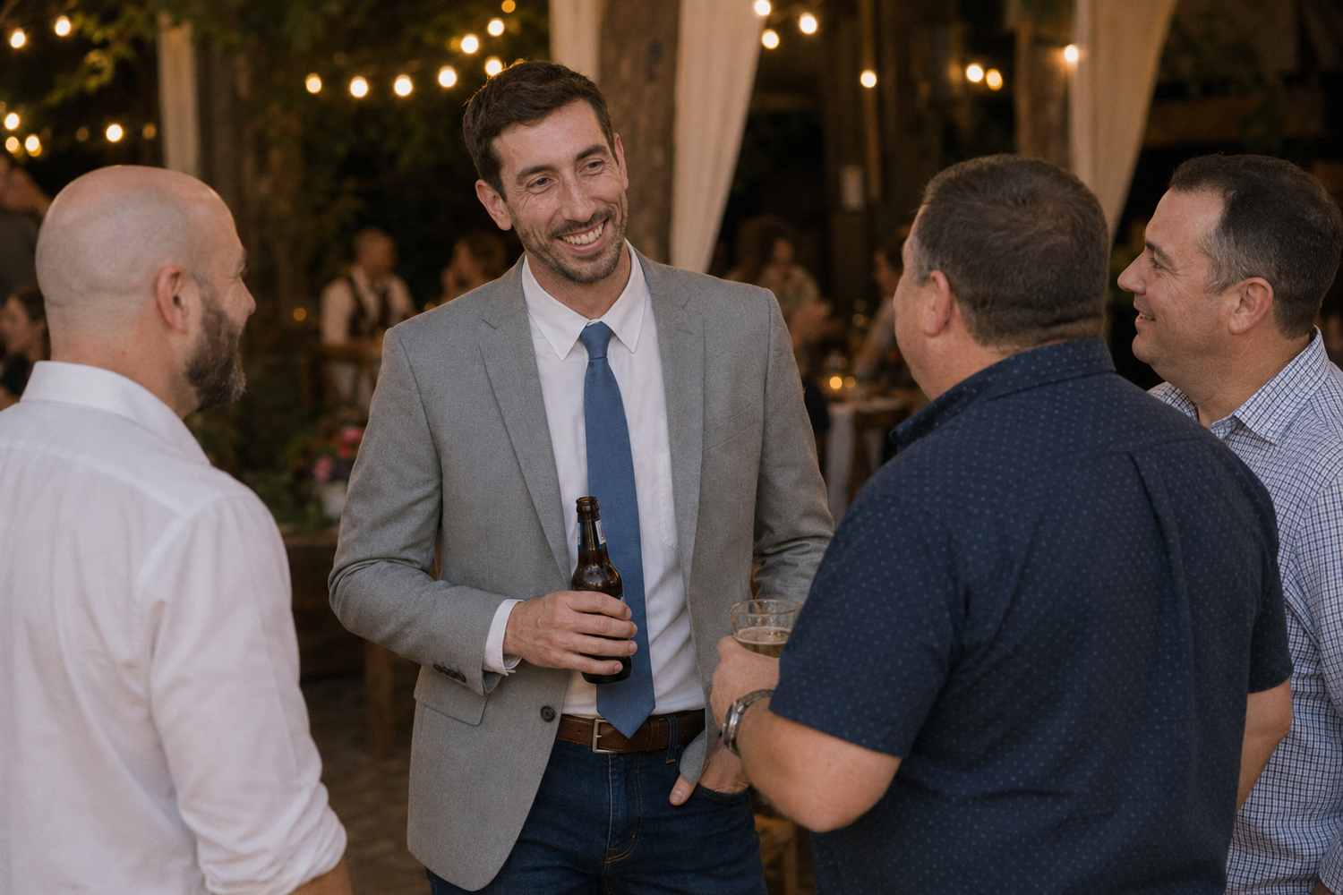 Groom in gray suit and blue tie laughing with male guests at an outdoor wedding reception.