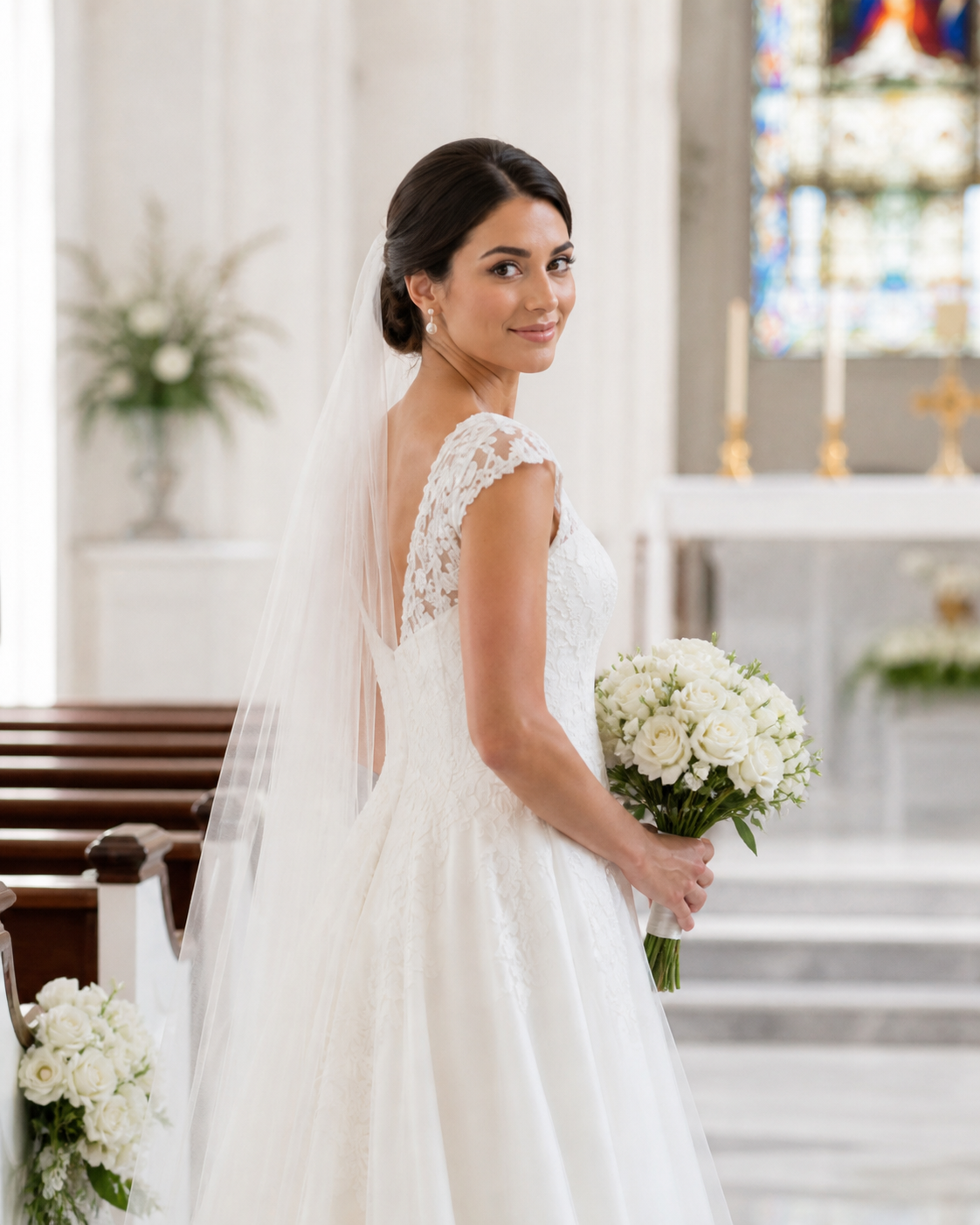 Bride in white lace gown holding bouquet of white roses, smiling over shoulder inside elegant church.