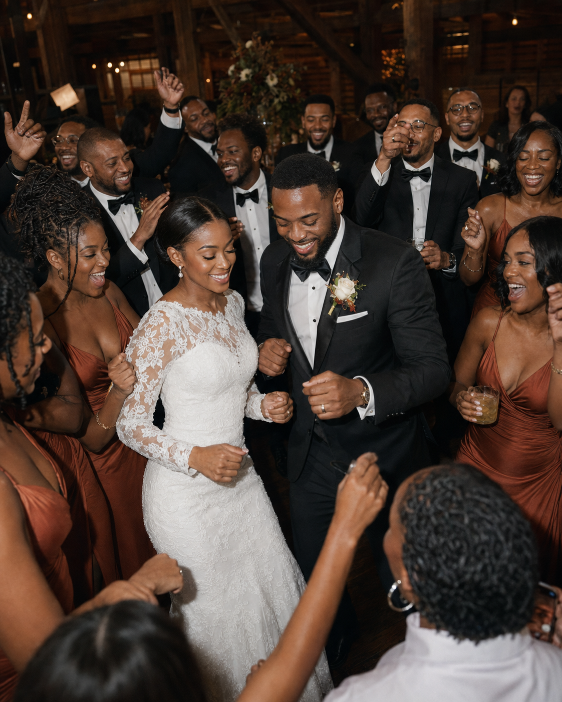 A joyful bride and groom dance surrounded by wedding party in black tuxedos and rust bridesmaid dresses at elegant reception.