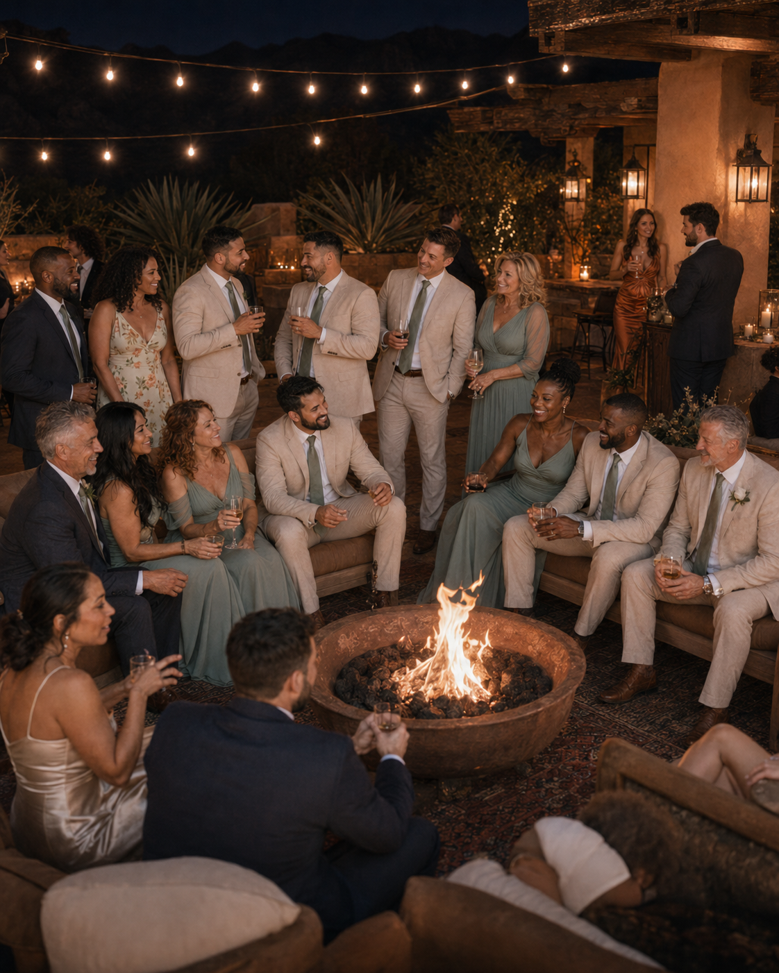 Wedding party gathered around an outdoor fire pit at night, wearing sage green and tan attire under string lights.