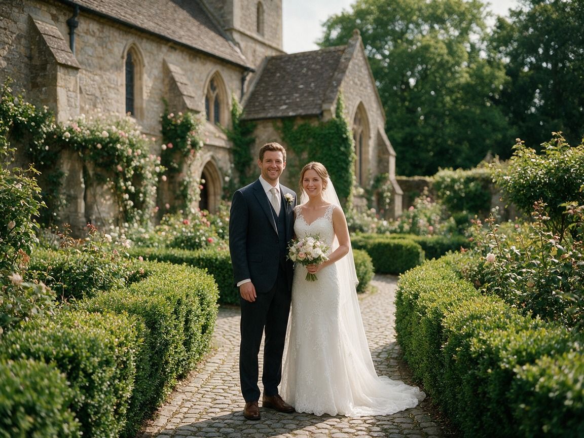 Bride and groom posing in a charming English church garden with manicured hedges and roses on their wedding day.