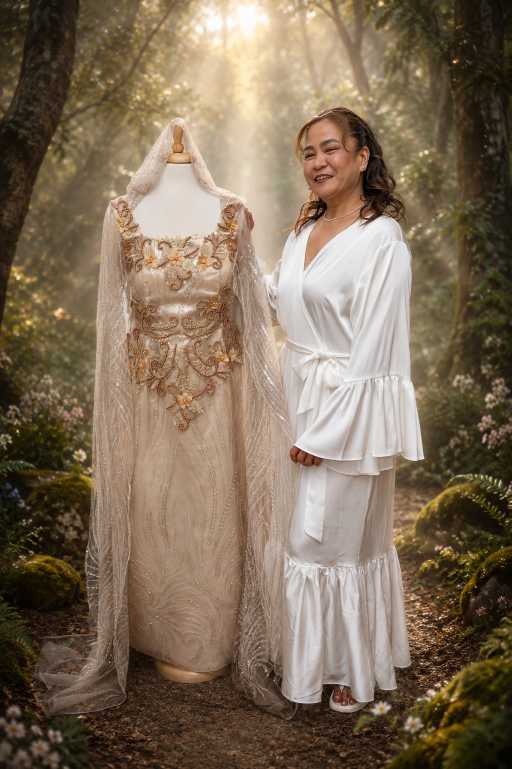 A smiling woman in white stands beside an ornate gold and ivory gown on a mannequin in a misty enchanted forest.