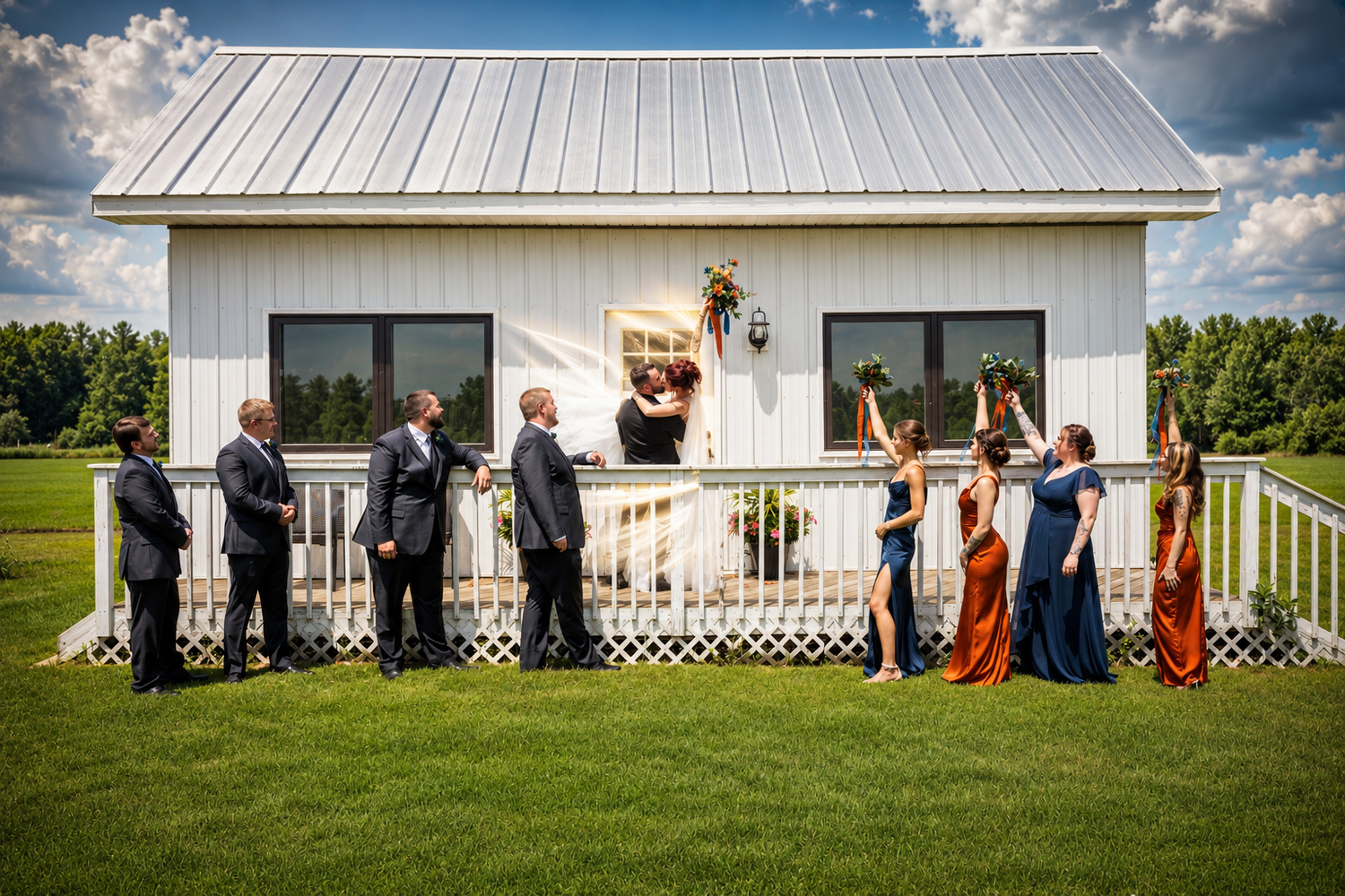 Wedding party celebrates outside a white country chapel, with groomsmen and bridesmaids cheering as couple kisses on the porch.