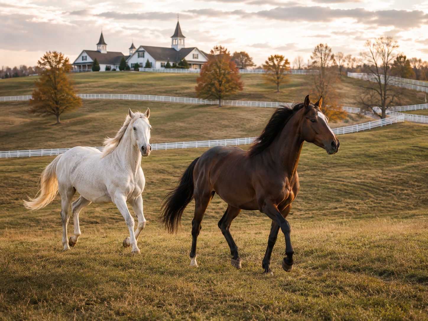 Two horses, one white and one brown, gallop across a lush green pasture at a Kentucky horse farm at sunset.