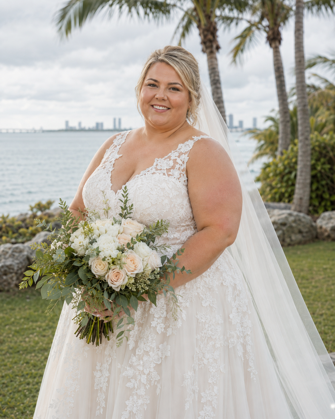 Smiling bride in lace wedding gown holding white bouquet near waterfront with palm trees.